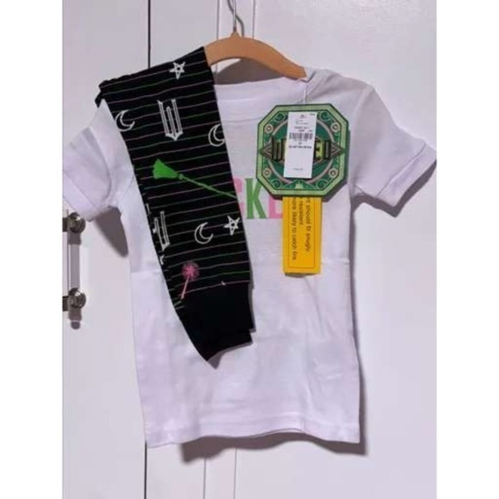 Wicked Movie Kids Pajama Lounge Set 4T White Tee Black Patterned Leggings 2pc